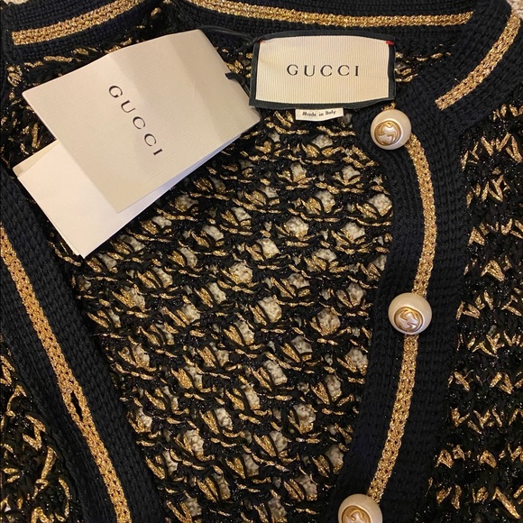 NWT Gucci sweater size S. Beautiful Pearl GG buttons. Black sweater/gold/red - Picture 2 of 6